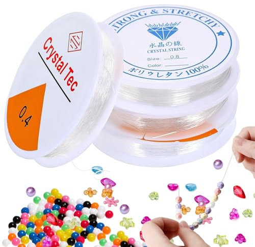 Fil Elastique pour Bracelet Resistant, 4 Rouleaux Transparent Fil Nylon pour Bracelet Perle 0.4mm 0.6mm 0.8mm 1mm, Cordon Élastique pour la Fabrication de Bijoux DIY, Artisanat, 52 Mètres au Total