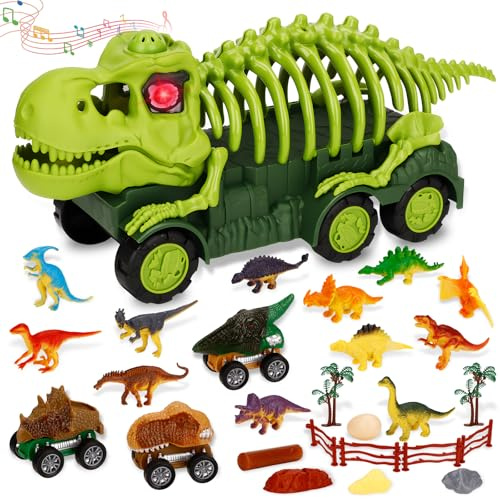 Dinosaurie Transportbil för barn 3 4 5 6 7 år，Dinosaurielastbilleksak, Dinolastbil Med Ljud Och Ljus, Dinoskelettbiltransportbil, Friktionsdriven Dinosaurielastbil, Dinosaurielekset För Småbarn