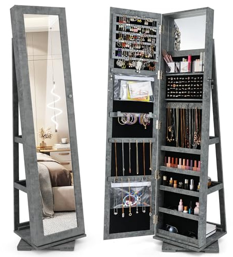 COSTWAY Specchio Portagioie Girevole 360°, Armadietto Portagioie | Specchio a Figura Intera, 3 Ripiani, Organizzatore per Gioielli Soggiorno, 39 x 39 x 161 cm