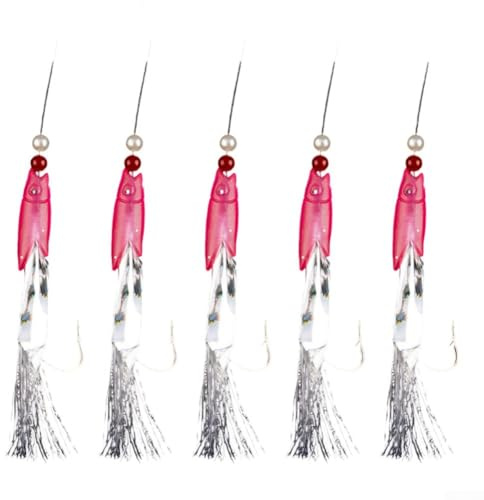 Zilimontt 5-Pack For Sabiki Fishing Lure Rigs for Herring and Mackerel – Saltwater Soft Bait Rigs with 5 High-Carbon Steel Hooks, Red Heads, White Foil Flash & Luminous Beads, 150cm Main Line