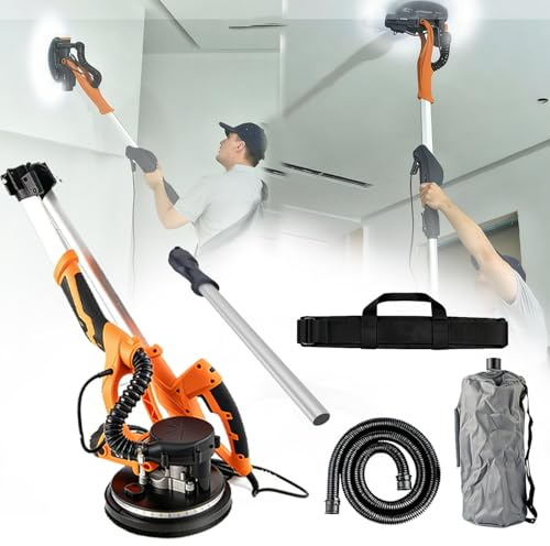 Lijadora de paneles de yeso con bolsa para polvo, velocidad variable de 500 a 2000 RPM, 810 W de potencia, luz LED brillante, mango extensible y juego completo de 12 discos de lijado. Orange-220V