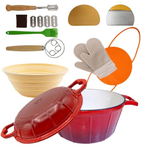 KinConnyen 5L Enamelled Cast Iron Dutch Oven for Sourdough Bread Baking Kit | Food-grade enamel,Foldable proofing basket,Grill pan lid,Non-stick interior,Induction compatible,Artisan baking