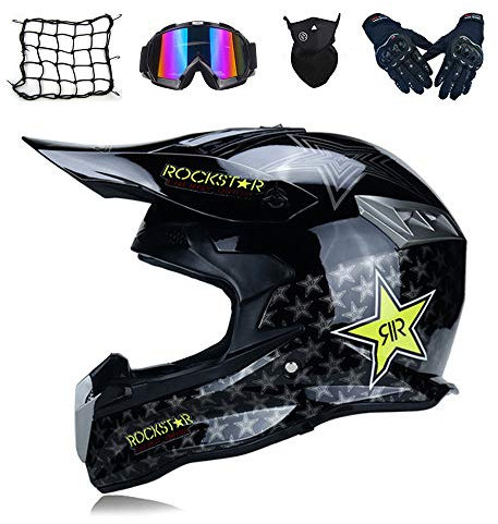MRDEAR Motorrad Crosshelm Rockstar Motocross Helm mit Brille Handschuhe Motorrad Netz, Cross Downhill Helm Fullface MTB Helm Mopedhelm Motorradhelm für Sicherheit Schutz, 3 Arten,C,S