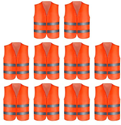 ColdShine 10 Stück Warnwesten Pannenweste Unfallweste Pkw Sicherheitsweste Warnwesten Auto Orange Auto Sicherheitsweste 360° Sichtbarkeit Orange für Auto und am Arbeitsplatz
