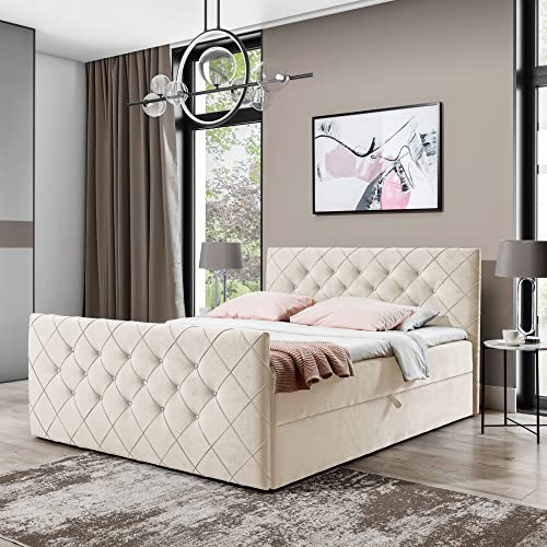 FURNISTAR Boxspringbett Doppelbett MONAKO - Bett mit Bonellmatratze, mit Bettkasten für Bettwäsche und Topper. Gepolstertes Kopfteil und Fussteil mit einer eleganten Steppung verziert (Creme, 160x200)