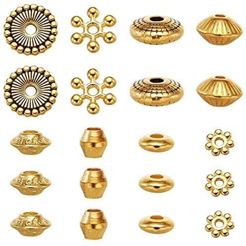 PandaHall Goldene Abstandshalter-Perlen, flach, rund, Doppelkegel, Rondelle und Blume, tibetischer Stil, kleine Metallperlen, lose Charms für Armband, Halskette, Schmuckherstellung, 320 Stück