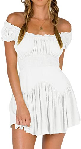 Women's Puff Sleeve Off Shoulder Mini Dress Square Neck Ruffled A Line Flowy Swing Beach Dress Summer Smocked Sundress (White, S)