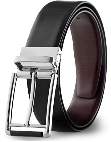 Prospero Comfort Wendbarer klassischer Herren-Gürtel, italienisches genarbtes Leder, Schwarz und Braun, drehbare Schnalle, Siebdruck-Design, silberfarbene Schnalle, 38