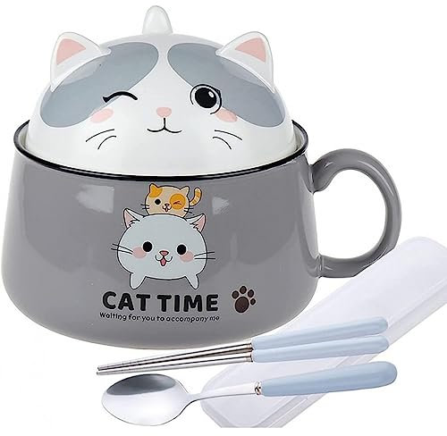 lachineuse – Cuenco de Ramen japonés con tapa – Cuenco de gato Kawaii – Cuenco de fideos instantáneos y desayuno – con cubiertos – Idea de regalo de anime Japón – Cuenco chino para niños adultos –