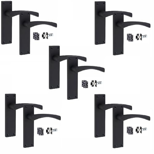 Golden Grace Victorian Scroll Door Handles Latch Pack, Matt Black, 5 Sets | Includes 150mm x 40mm metal backplates, 3 ball bearing hinges, and 64mm tubular latches to fit internal wooden doors.