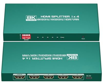 HDMI-splitter 1 ingång, 4 utgångar, 4K, 120 Hz, HDMI-splitter 1 x 4, HDMI 2.1 8K 1 ingång 4 utgångar, adaptiv EDID, kompatibel med Xbox Series X, PS4 Pro, PS5, Blu-ray-spelare, PS4