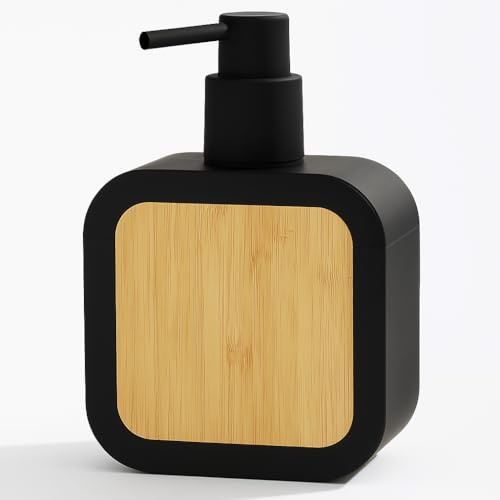 Dispensador jabon Cocina de 390ml, dosificador jabon Cocina para lavaplatos con Madera de bambú, dispensador jabon baño Elegante y Moderno para Gel, dosificador jabon baño (Negro)