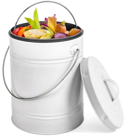 Plexon Kitchen Compost Bin with Lid, 1.3 Gallon Metal Countertop Compost Bucket Pail, Indoor Composter - White