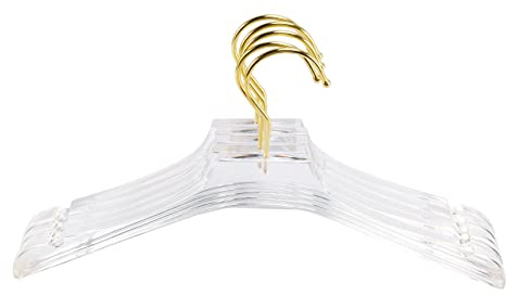 Giilayky 5 Stück Kleiderbügel aus transparentem Acryl mit goldfarbenen Haken, transparente Hemden, Kleid Kleiderbügel mit Kerben, für Damen, Kinder, S