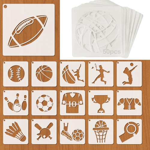 Ball Schablonen zum Malen, 3inch Malschablonen zum Thema Sport, 50 Stück | Wiederverwendbare Kunststoff Schablonen Wandgestaltung, für DIY Zeichnen Tagebuch Leinwand Holz, PET-Material
