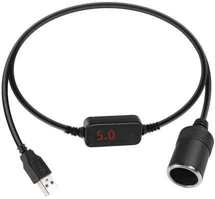 RIIEYOCA USB A a Cable de Enchufe para Encendedor de Cigarrillos, 5V a 12V Adaptador Hembra a USB A Macho para Encendedor de Cigarrillos con Pantalla Digital (0,3M / 1FT)