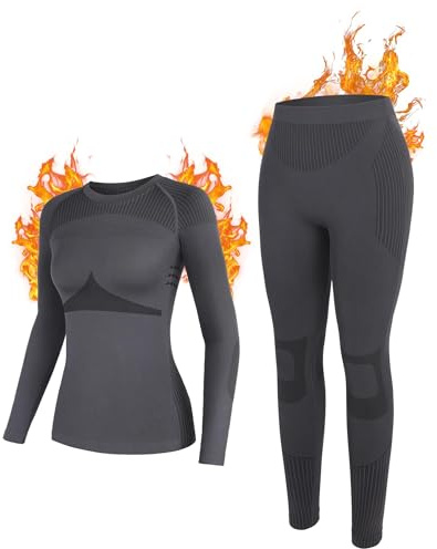 Attraco Thermounterwäsche Damen Skiunterwäsche Winter Set Funktionsunterwäsche Atmungsaktiv Lange Thermo Unterwäsche Suit Thermowäsche Unterhemd Unterhose im Herbst Winter Dunkelgrau M