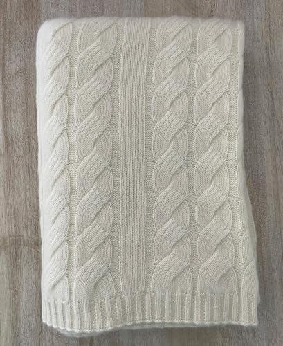 100% Pure Cashmere Throw Blanket for Couch – Cable Knit Cashmere Blanket 50x60 – Soft Warm Breathable Throws for Sofa, Bed – Grade A Long Staple – Machine Washable (Cream)