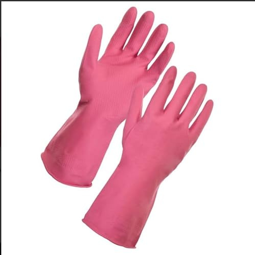 Aardvark Janitorial Supplies Safe Touch Pink HouseHold Gloves, 1 Pair, Size Medium For Cleanin, Gardening, Painting and Washing, Flocklined, Comfortable Grip with Strong Beading for Good Grip