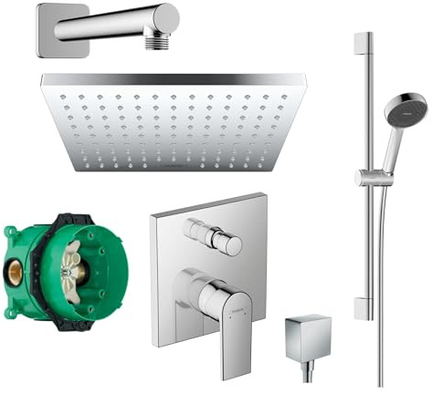 Hansgrohe Duschsystem Unterputz mit Duscharmatur Hansgrohe poliert HGK11 | Duscharmatur von Hansgrohe Vernis Shape Einhebelmischer und Hansgrohe Regendusche eckig Duschstange Dusch-SET poliert