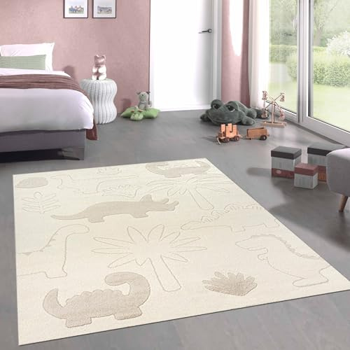 CARPETIA Matta barnrum babyrum lekrum djur dino växtmönster fritt i kräm, 120 x 160 cm