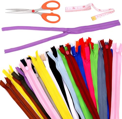 Swpeet 42 cremalleras invisibles de nailon de 16 pulgadas de colores mixtos con cinta métrica y tijeras, cremallera oculta, cremallera invisible de nailon multicolor para costura de ropa de sastre y