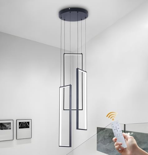 Treppenhaus Kronleuchter Modern Pendelleuchte, Höhe Einstellbar Schwarz LED Pendelleuchte, Rechteckige Dimmbar Dekoratives Hängeleuchte für Schlafzimmer Treppe Esszimmer Wohnzimmer Pendellampe Lüster(