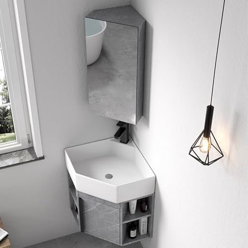 LYXWGRZD Lavandino angolare for bagno, mobiletto angolare for bagno, lavandino in ceramica con mobiletto a specchio, lavandino da bagno a parete, for casa, cucina, patio, stanza(Gray,45cm/17.7in)