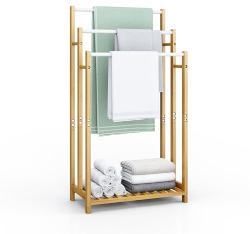 Dripex Freistehender Handtuchhalter Bambus Höhe 96 cm Handtuchständer Badetuchhalter mit 3 Edelstahlstangen und Ablage für Badezimmer, Zuhause, Natur 96H x 46B x 24T cm (96 cm)