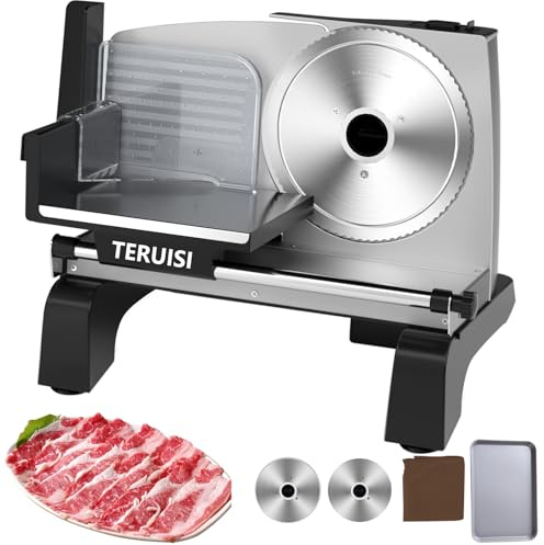 TERUISI Electric Meat Slicer, 200W Deli Slicer with 2 Stainless Steel 7.5 Blades, 0-18mm Adjustable Thickness, Food Slicer Machine with Food Tray, Towel for Home, Bacon, Bread, Jerky, 110V Ham Slicer