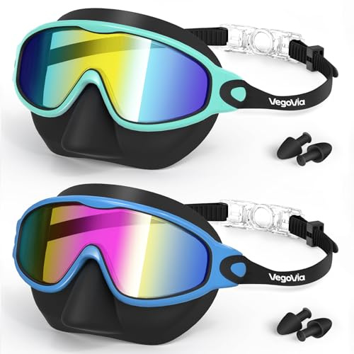 VegoVia 2 Pack Kids Swim Goggles with Nose Cover, Anti-Fog UV Protection Swimming Goggles for Kids Youth 3-15 Wide View,Adjustable Strap