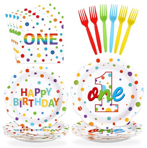96Pcs Happy 1st Birthday Party Supplies Colorful Polka Dots 1st Birthday Plates and Napkins Sets Confetti Rainbow Party Decorations for Kids Baby Shower One Year Old Parties Decoration Serves 24