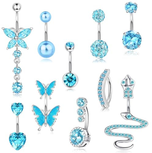 10 Piezas 14G Piercing de Ombligo para Mujer, Juego de Anillos de Ombligo con Clicker de Mariposa Serpiente, Acero Quirúrgico, CZ Azul, Joyería de Piercing de Ombligo, Piercing de Ombligo de Acero