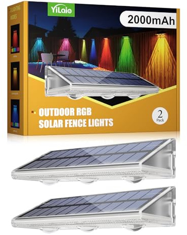 YiLaie Lampes solaires de clôture extérieures, lampe murale solaire améliorée 2000 mAh, 7 couleurs et 8 modes d'éclairage, étanches IP67, lampes de clôture RGB pour mur arrière, marches, terrasse