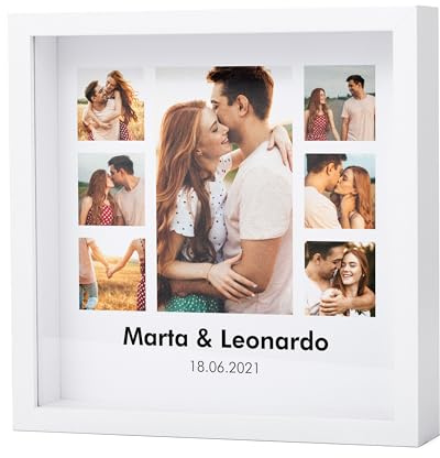 Made in Gift | Marco Personalizado con Fotos y Profundidad 21,5x21,5x4,5 cm | Incluye Foto y Texto | Collage de Fotos | Regalo Original para Aniversario, Pareja, Bodas o Cumpleaños (7 fotos)