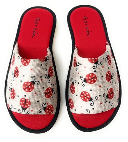 Garzón.Pantuflas Abiertas para Mujer, Diseño de Mariquitas Rojas,Zapatillas de Casa.Verano.Suela Especial Parquet. (Rojo, Una talla, Sistema tallas calzado EU, Adulto, Mujer, Números, mediano, 38)