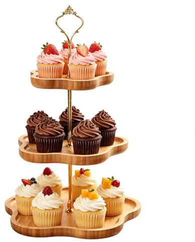 Soporte de 3 niveles de bambú, soporte para cupcakes, 30, 25, 20 cm, soporte para tartas de madera con mango de metal, soporte para servir magdalenas, tartas, frutas, bodas, cumpleaños, fiestas