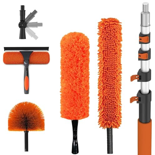 Perche Téléscopique 6m avec Tête de Loup et Plumeau - Kit Multifonction pour Nettoyage à Hauteur - Anti-Toile d'Araignée, Poussière et Vitres - Manche Réglable 1.5-6m