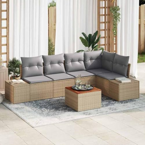 Set di divani da giardino modulari da 6 pezzi, polyrattan beige e grigio chiaro, con legno massiccio di acacia e cuscini in schiuma, perfetto per terrazze e patii.