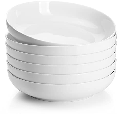 Sweese Large Salad Serving Bowls, 30 Ounce Porcelain White Pasta Plates Set of 6, 8.4 Inch Pasta Bowls for Dinner, Salad - Microwave Dishwasher