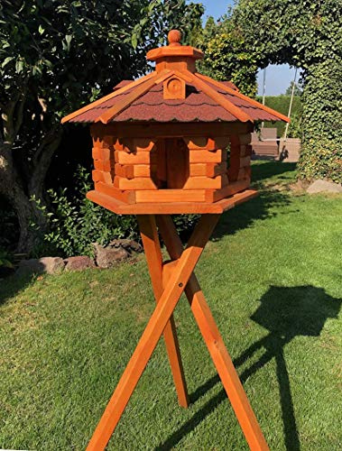DARLUX Handgefertigtes wetterfestes XL Sechseck Vogelhaus aus Holz | Vogelfutterstation, lasiert, Outdoor, Garten, Balkon, Futterhaus, Futterhäuschen (Größe XL mit Ständer, Rot - Braun)