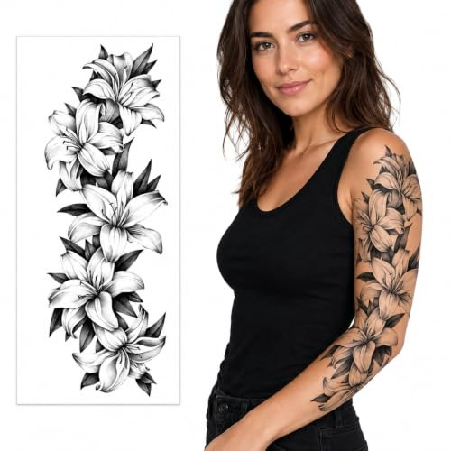 Temporäre tattoo-ärmel für frauen aufklebbare blume rose flora blumen erwachsener temporärer tattoo-aufkleber übertragung weiblicher körper kunst realistisch wasserdicht (Lilien)