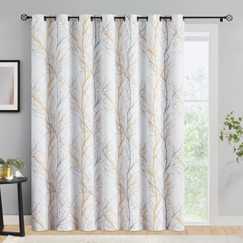 FMFUNCTEX 100% Blackout Patio Sliding Glass Door Curtains 84 Inch Long for Bedroom, Yellow Grey on White Tree Branch Patterned Drapes for Living Room Divider, Extra Wide Thermal Insulated Panels
