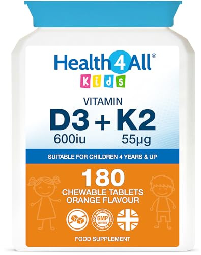 Health4All Kids Vitamin D3 + K2 180 Chewable Tablets 6 Months Supply, 600iu D3 & 55mcg K2 MK-7 for Children 4+, Natural Orange Flavour, Sugar-Free | Made in UK (Not Gummies)