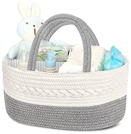 Maliton Baby Windel Caddy Organizer，Wickeltisch Organizer Aufbewahrungskorb mit Herausnehmbaren Fächern，Robuster Tragbarer Baumwollseil Windeltasche als Babyparty Geschenk，Grau