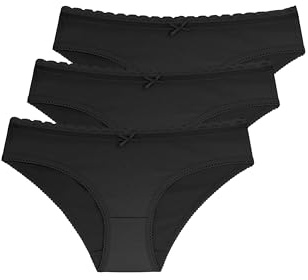 Dorina Lot de 3 Culottes Hipster Femme Naomi – Coton Doux avec Finition Dentelle à la Taille, Couverture Totale, sous-vêtements Confortables, Noir