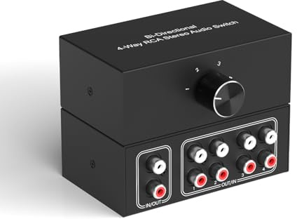 Dingsun 4-Way Stereo Audio Switcher, Bi-Directional Right and Left Channel Audio Selector Box for Blu-ray Players or DVD Players Active Speakers (4In-1Out /1In-4Out)(1In-4Out /4In-1Out)
