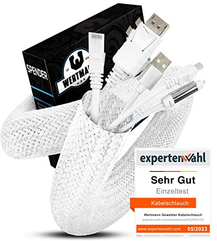 Wertmann gewebter Kabelschlauch weiß [3m] als TV Kabelkanal weiß oder für den PC als Kabelkanal Schreibtisch - Durchmesser passt Sich an [19-24mm] - Kabelmanagement Schreibtisch, Kabelschutz Katze