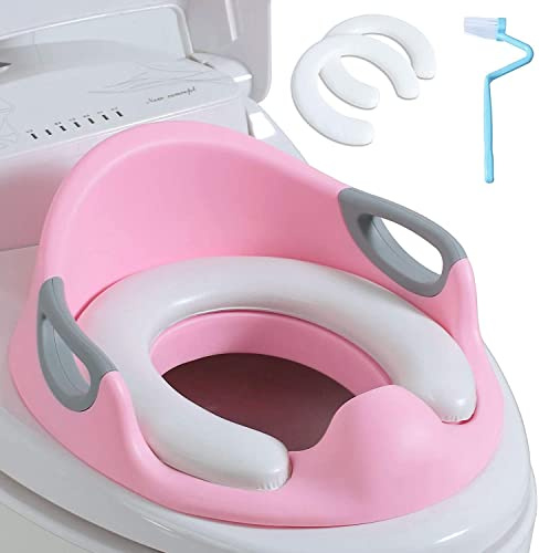Potty Training Seat for Kids Toddlers Toilet Trainer for Baby with 2 Cushions and Brush Safety Handle and Backrest Anti-Splash Design Portable Non Slip Easy Clean for Round and Oval Toilets