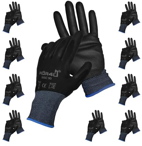 kör4u 10 Paar Arbeitshandschuhe Basic, atmungsaktiv und beschichtet, als Schutzhandschuhe, Gartenhandschuhe Damen und Mechaniker Handschuhe geeignet, hochwertige PU-Beschichtung, dünn und leicht